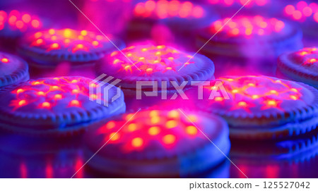 Illuminated cookies with neon light patterns. 125527042