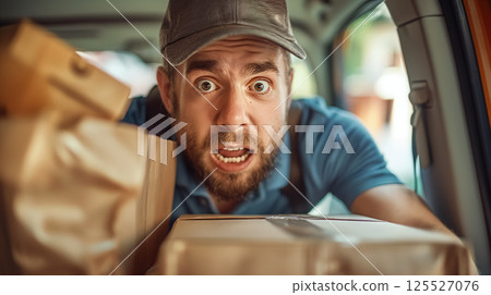 Startled man unloading a car. 125527076
