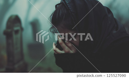 Woman mourning in a misty graveyard. 125527090