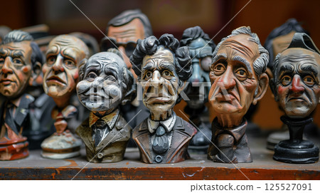 Caricature busts of famous historical figures. 125527091