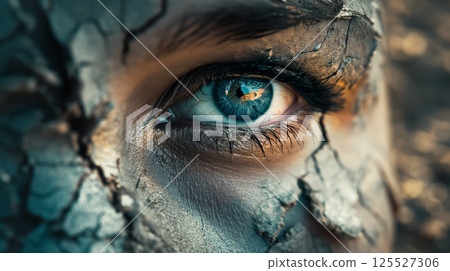 Cracked earth texture around blue eye. 125527306