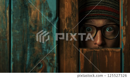 Curious eyes peeking through wood. 125527326