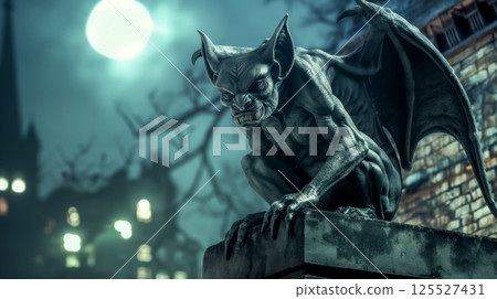 Gargoyle perched atop night building. 125527431