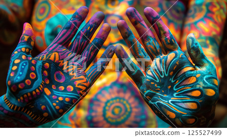 Hands painted with vibrant tribal patterns. 125527499