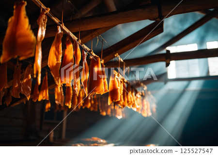 Dried fish fillets and sunlight in a Scandinavian smokehouse 125527547