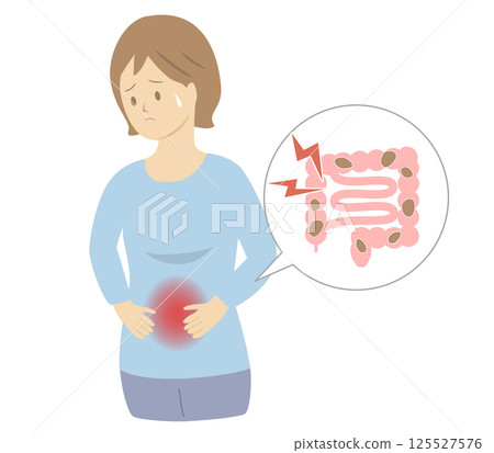 一位因胃痛而摀住大腸的女性上半身的插圖 125527576