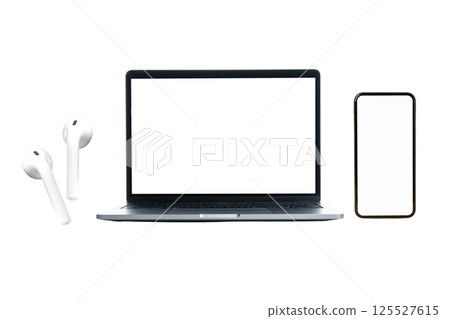 Laptop, smartphone, and earbuds on a white background, isolated on white 125527615