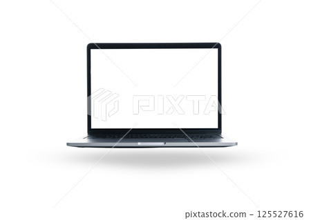 A sleek laptop with an open, blank screen awaits tasks, isolated on white A sleek laptop with an open, blank screen awaits tasks, isolated on white 125527616