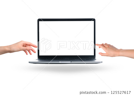 Two hands are reaching out towards a blank laptop screen, isolated on white 125527617