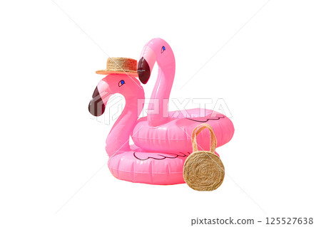 Bright pink flamingo pool floats ready for a fun summer vacation, isolated on white background 125527638
