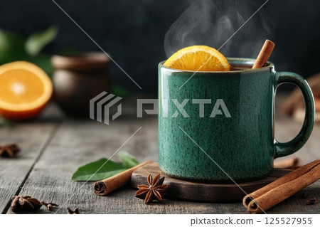 Enjoy cozy moments with mulled wine on a rustic wooden table during winter evenings 125527955