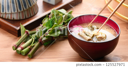 Spring Luxury: Japanese Knotweed Miso Soup Spring Luxury: Japanese Knotweed Miso Soup 125527971