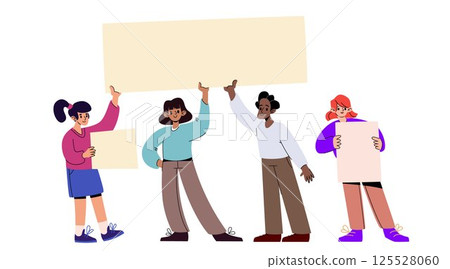 Diverse cartoon characters holding blank placards 125528060