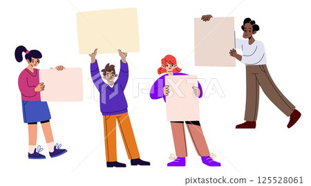 Cartoon people holding placards while protesting Cartoon people holding placards while protesting 125528061