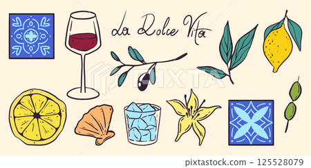 Italian summer menu icons isolated on background Italian summer menu icons isolated on background 125528079