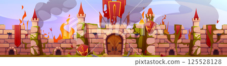 Medieval castle wall on fire during battle 125528128