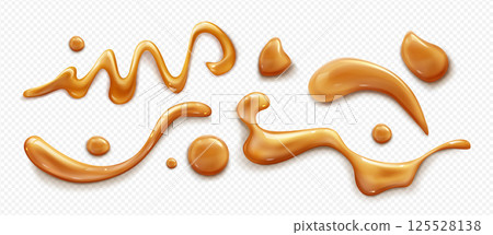 Caramel sauce syrup realistic splashes and drops Caramel sauce syrup realistic splashes and drops 125528138