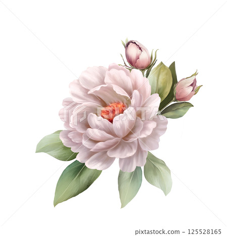 Hand-painted digital watercolor illustration of a white rose with green leaves, ideal for wedding invitations, romantic decor, or spring-themed designs. Hand-painted digital watercolor illustration of a white rose with green leaves, ideal for wedding invitations, romantic decor, or spring-themed designs. 125528165