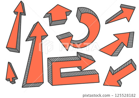 Hand drawn vector doodle arrows set. Pencil red line sketch on white background. Curve design elements. Outline sign of cursor. Graphic vintage marks and bold silhouettes 125528182