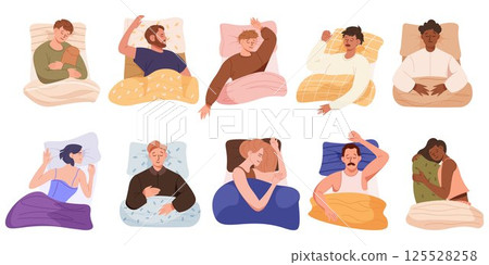 People in bed. Man and woman sleeping, person rest and recreation. Morning characters top view, healthy dream, tired human couple asleep on pillow. Vector cartoon isolated illustration People in bed. Man and woman sleeping, person rest and recreation. Morning characters top view, healthy dream, tired human couple asleep on pillow. Vector cartoon isolated illustration 125528258
