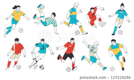 Soccer players. Football team, play character poses. Professional goalkeeper, dynamic foot ball. Men in sport uniform kicking balls, game competition. Vector cartoon flat isolated set Soccer players. Football team, play character poses. Professional goalkeeper, dynamic foot ball. Men in sport uniform kicking balls, game competition. Vector cartoon flat isolated set 125528266