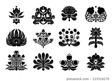 Indian boarder. Mughal motif. Flourish ornament. Palmette ethnic flowers. Traditional ancient mehndi. Arabesque embroidery. Abstract blooming plant. Vector black silhouette icons set 125528270