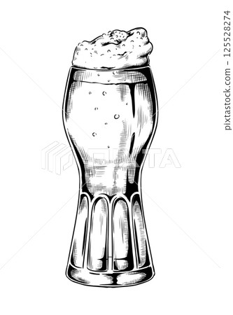 Beer glass. Sketch style beverage, cup with foam alcohol cold drink. Full mug brewing liquid, Oktoberfest symbol, bar and pub product. Vector hand drawn isolated illustration Beer glass. Sketch style beverage, cup with foam alcohol cold drink. Full mug brewing liquid, Oktoberfest symbol, bar and pub product. Vector hand drawn isolated illustration 125528274