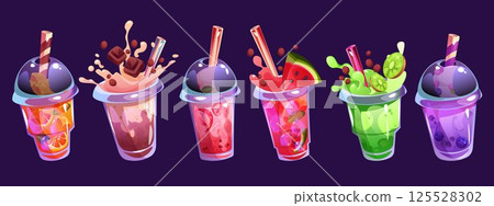 Summer drink. Fruit juice, cocktail for beverage menu. Ice glass lemonade, cold strawberry or sweet orange fresh. Watermelon, milk chocolate and kiwi. Isolated menu elements. Vector set 125528302
