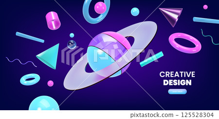 3D planet. Space tech shapes. Neon future universe with fun orbit sphere or glass star. Atom structure. World solar ball. Gravity floating. Render orb with rings. Vector background 3D planet. Space tech shapes. Neon future universe with fun orbit sphere or glass star. Atom structure. World solar ball. Gravity floating. Render orb with rings. Vector background 125528304