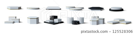 White podium. 3d gold platform, product stand or pedestal box stage. Square award display, rectangle block scene. Marketing presentation or museum exhibition. Isolated vector background set 125528306