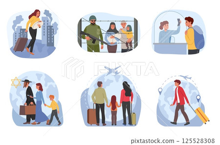 Immigration diaspora. Green card characters. Border law community on passport check. Working residence. Immigrant family at barrier. People international migration. Vector concepts set 125528308