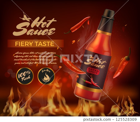 Hot sauce. Spicy chili bottle. Fire package. 3D spice flame ad. Kitchen flavor cook. Chef product. Pepper cone blaze. Ketchup glass container. Vector design advertising banner template Hot sauce. Spicy chili bottle. Fire package. 3D spice flame ad. Kitchen flavor cook. Chef product. Pepper cone blaze. Ketchup glass container. Vector design advertising banner template 125528309