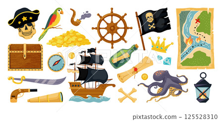 Treasure map. Pirate wooden chest. Ocean sailboat with crossbones flag. Octopus or parrot on hat. Sea island. Gold money coins. Corsair costume for adventures. Vector cartoon stickers set 125528310