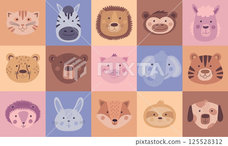 Cute animals. Bear and cat kid face, card with pig and dog characters, bunny and lion child in doodle jungle. Hand drawn elephant, fox and sloth. Vector cartoon square design set 125528312