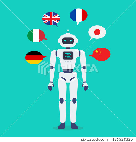 Artificial Intelligence robot translator. Artificial Intelligence chatbot translator. 125528320