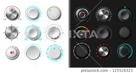 Volume dial. Knob button. Round radio switch regulator for music recorder. UI level turn controller. Radial sound scale. Audio panel tumbler. Console dashboard. Vector isolated set 125528323