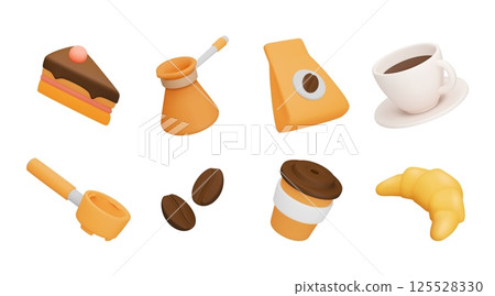 3D coffee cup. Cafe food. Arabica bean shop. Espresso beverage. Breakfast with dessert and caffeine drink. Croissant and cake. Barista cezve. Product paper pack. Vector cute icons set 3D coffee cup. Cafe food. Arabica bean shop. Espresso beverage. Breakfast with dessert and caffeine drink. Croissant and cake. Barista cezve. Product paper pack. Vector cute icons set 125528330