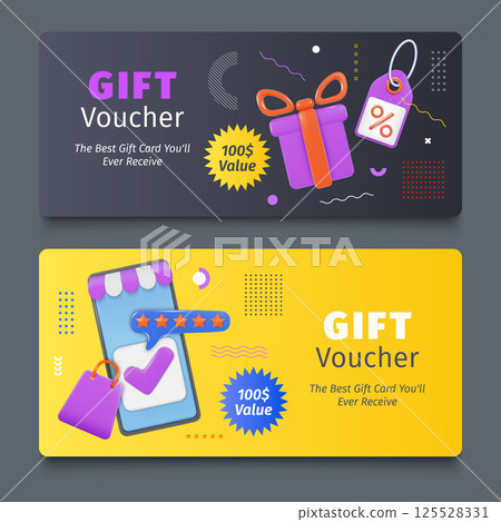 Gift voucher. 3D coupon design. Discount card with present box phone screen. Online shopping. Sale certificate. Exclusive offer. Promotion ticket layout with giftbox. Vector templates set 125528331