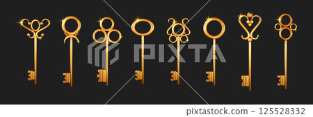 Gold key. Old golden lock for vintage luxury house door, antique ornate metal symbol. Creative luxury metallic texture, elegant bronze safe object. Vector icons design realistic isolated set Gold key. Old golden lock for vintage luxury house door, antique ornate metal symbol. Creative luxury metallic texture, elegant bronze safe object. Vector icons design realistic isolated set 125528332