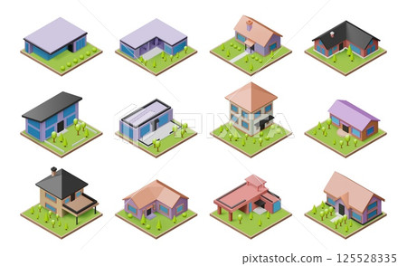 3D house. Buildings in town isometric view. Real estate. Home with roof chimney and terrace balcony. Suburban villa design. Cartoon construction. Suburb architecture. Vector icons set 125528335