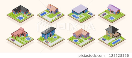Isometric house. Country villa landscaping with pool and garden trees. 3D building. Housing development. Real estate blocks perspective view. Mansion roof and balcony. Vector icons set 125528336