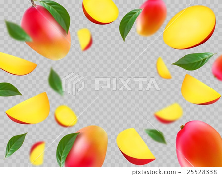 Fall mango. 3d fruit, realistic flying fresh slice, realistic tropical icon in yellow and white colors. Focused and blurry, half and whole objects. Vector isolated transparent background 125528338