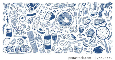 Italian food. Wine, cheese pizza in cook menu for mediterranean restaurant, drink and culinary ingredients. Pasta and wine. Line kitchen recipes. Menu icons. Vector sketch isolated set 125528339