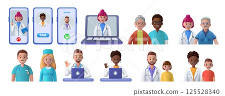 Doctor and patient icons. 3D people faces. Medic specialists. Health care telemedicine. Online medicine. Smartphone and laptop screen. Family consultation. Vector medical web exams set 125528340