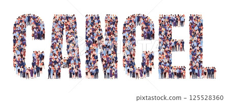 Many people. Crowd lettering. Cancel culture. Social boycott. Men and women standing together. Text top view. Community gathering. Restricted opinion. Human oblivion. Vector word font 125528360