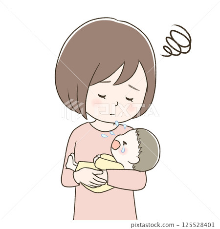 A mother who is having trouble holding a crying baby 125528401