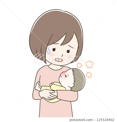一位憂心忡忡的母親抱著因高燒而精疲力竭的嬰兒 125528402