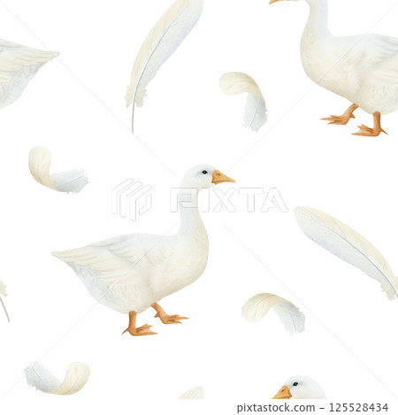 White goose with feathers and down watercolor seamless pattern. Cute waterfowl bird in hand drawn simple style. Vintage farm background for village and Easter designs 125528434