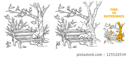 Find the differences quiz game. What has changed in the park scene. Puzzle Hidden Items. Educational game for children. Outline hand drawn illustration with cat sitting on a bench under leafless tree 125528534