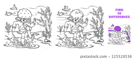 Matching game with child girl jumping, splashing and stomping joyfully in puddle after rain. Find the differences puzzle. Hand drawn outline educational scenery worksheet. Educational coloring page Matching game with child girl jumping, splashing and stomping joyfully in puddle after rain. Find the differences puzzle. Hand drawn outline educational scenery worksheet. Educational coloring page 125528536